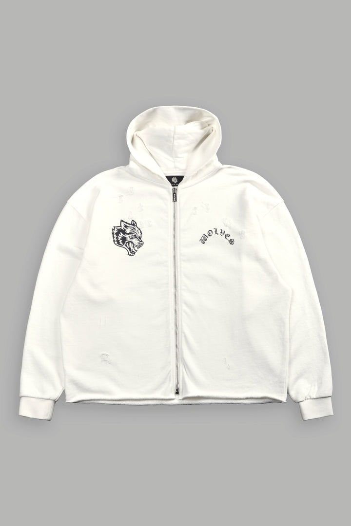 Los Cherub Distressed Grunge Mid Length Raw Hem Zip Hoodie in Cream