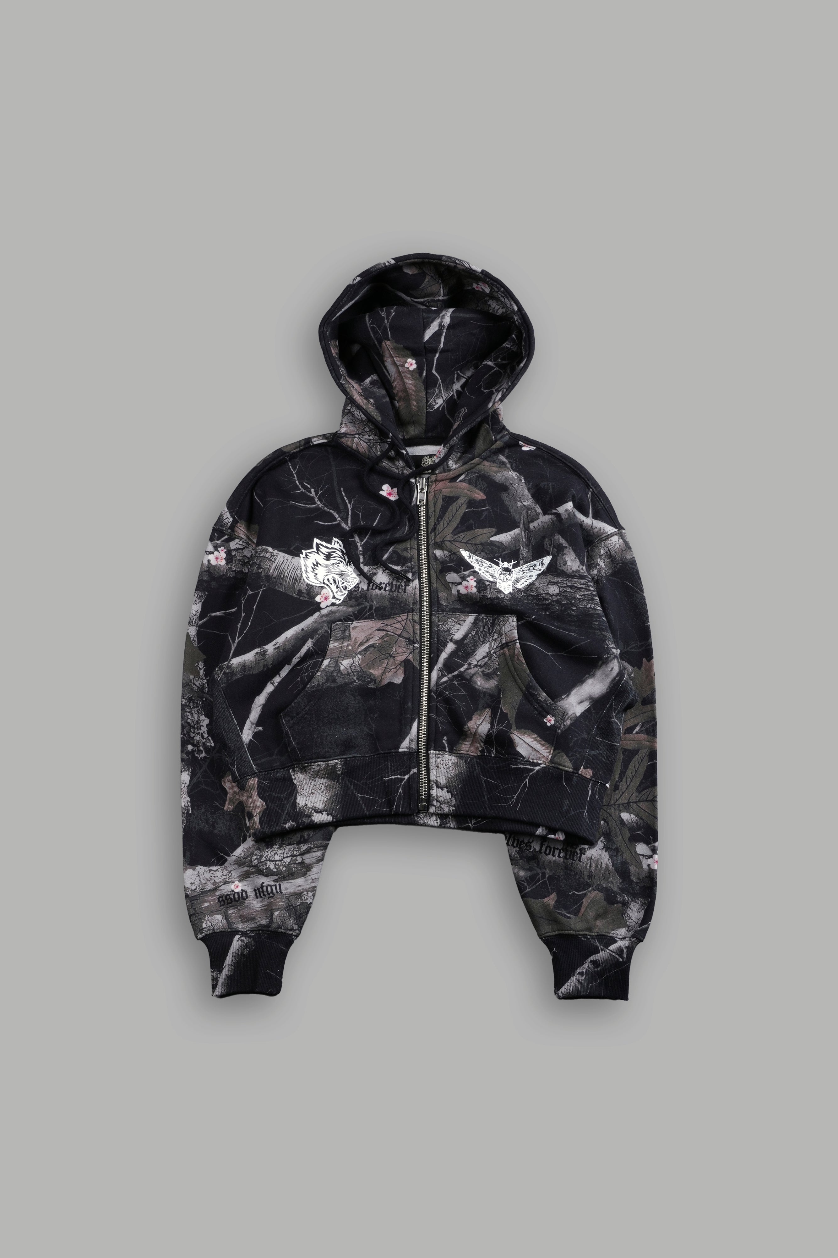 Single Wolf "Sage" Cropped Zip Hoodie in Darc Blossom Woodland Camo