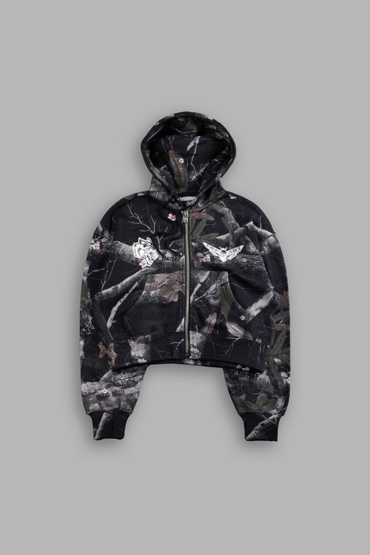 Single Wolf "Sage" Cropped Zip Hoodie in Darc Blossom Woodland Camo