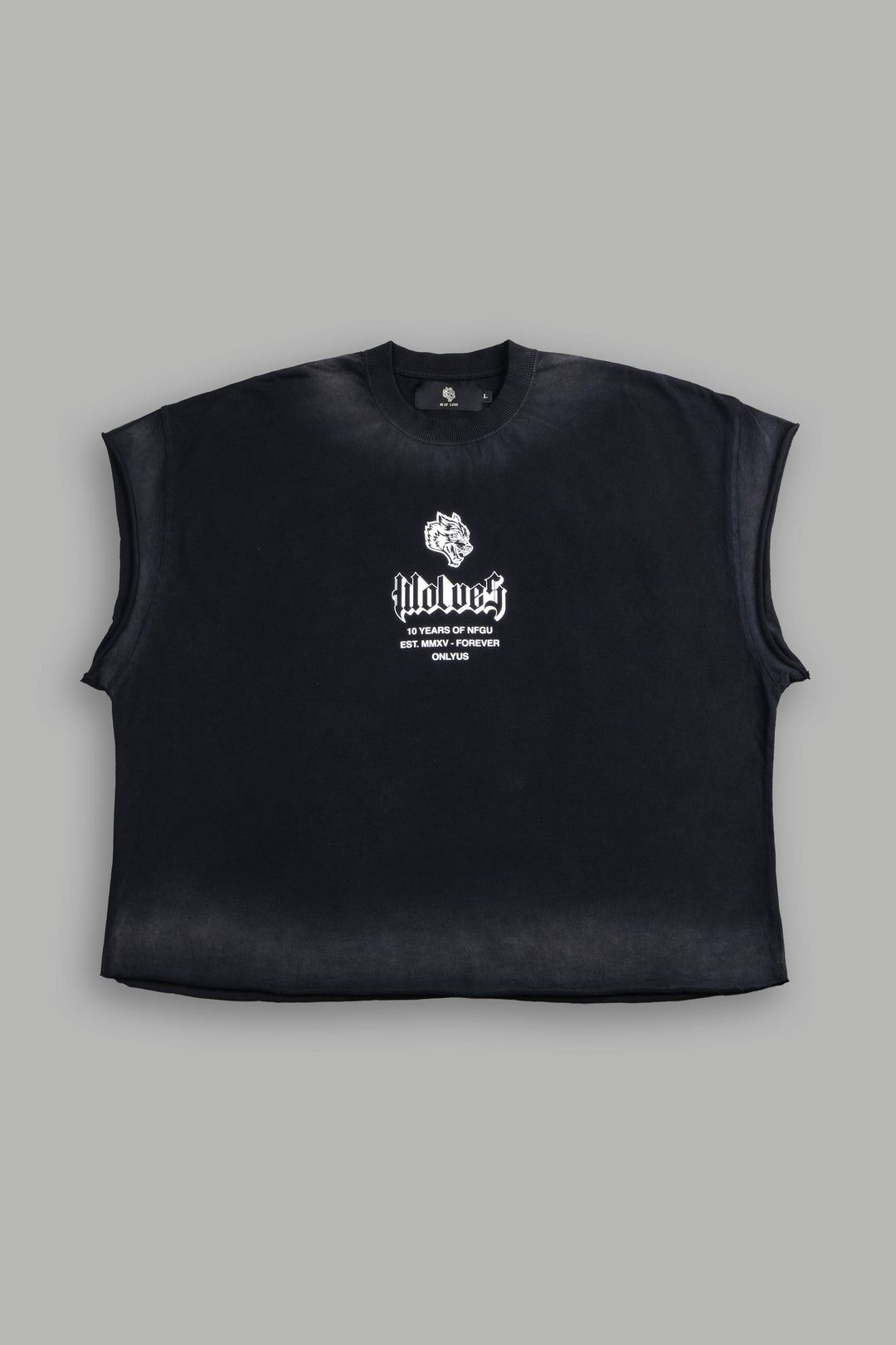 10 Years of NFGU Grunge Cut-Off Tee in Black Drift Wash