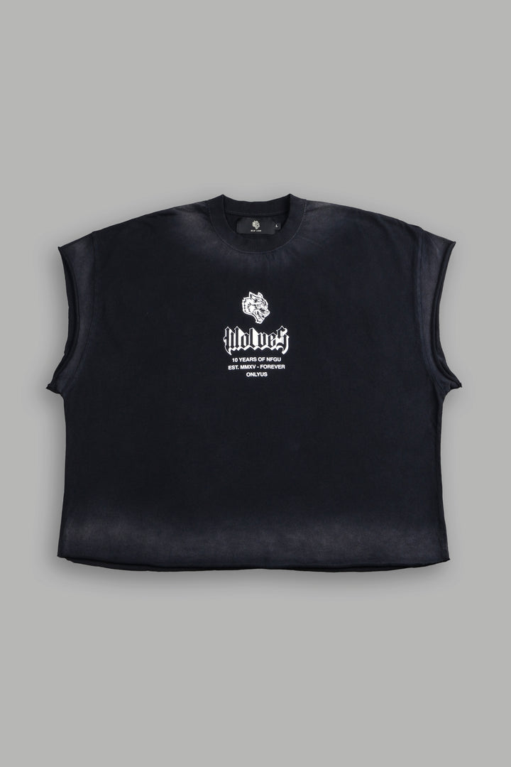 10 Years of NFGU Grunge Cut-Off Tee in Black Drift Wash