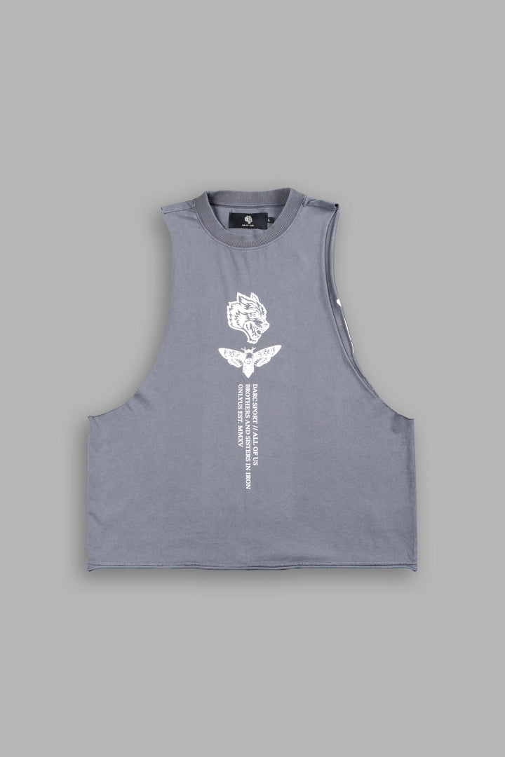 Big Wolf Head Grunge Raw Hem Box Cut Tommy Muscle Tee In Slate Gray