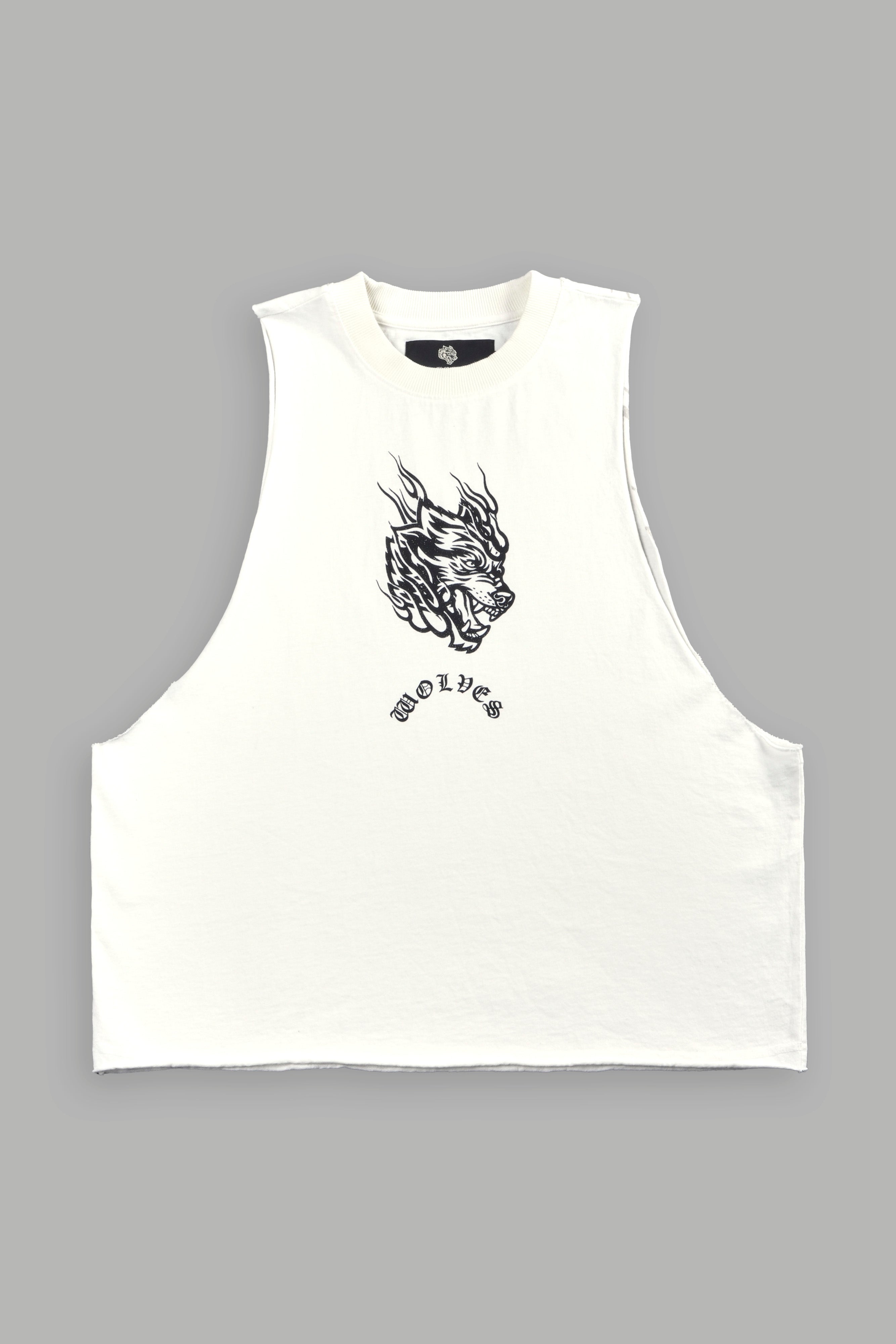 Okami Inferno Grunge Raw Hem Box Cut Tommy Muscle Tee in Cream
