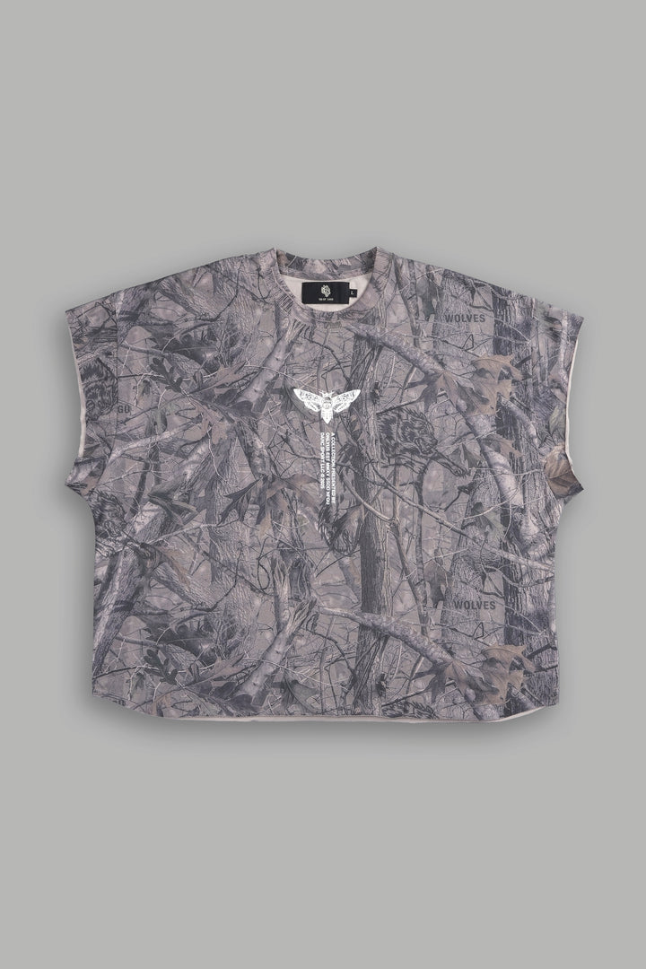 From The Top "Grunge" Cut Off Tee in Driftwood Wolf Forest Camo