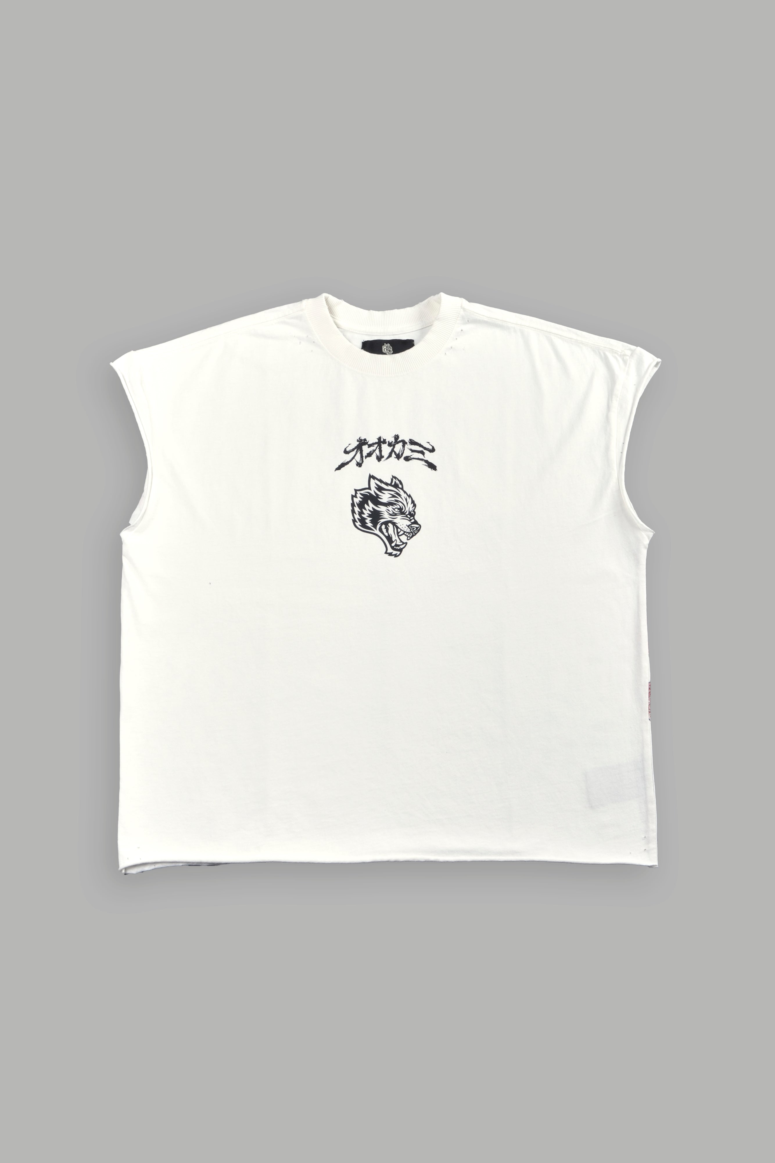 Our Code Distressed Grunge Cut Off Mid Length Raw Hem Tee in Cream