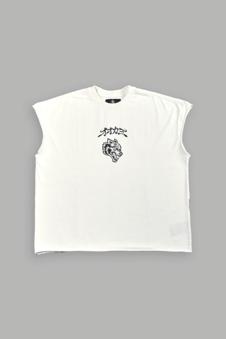 Our Code Distressed Grunge Cut Off Mid Length Raw Hem Tee in Cream