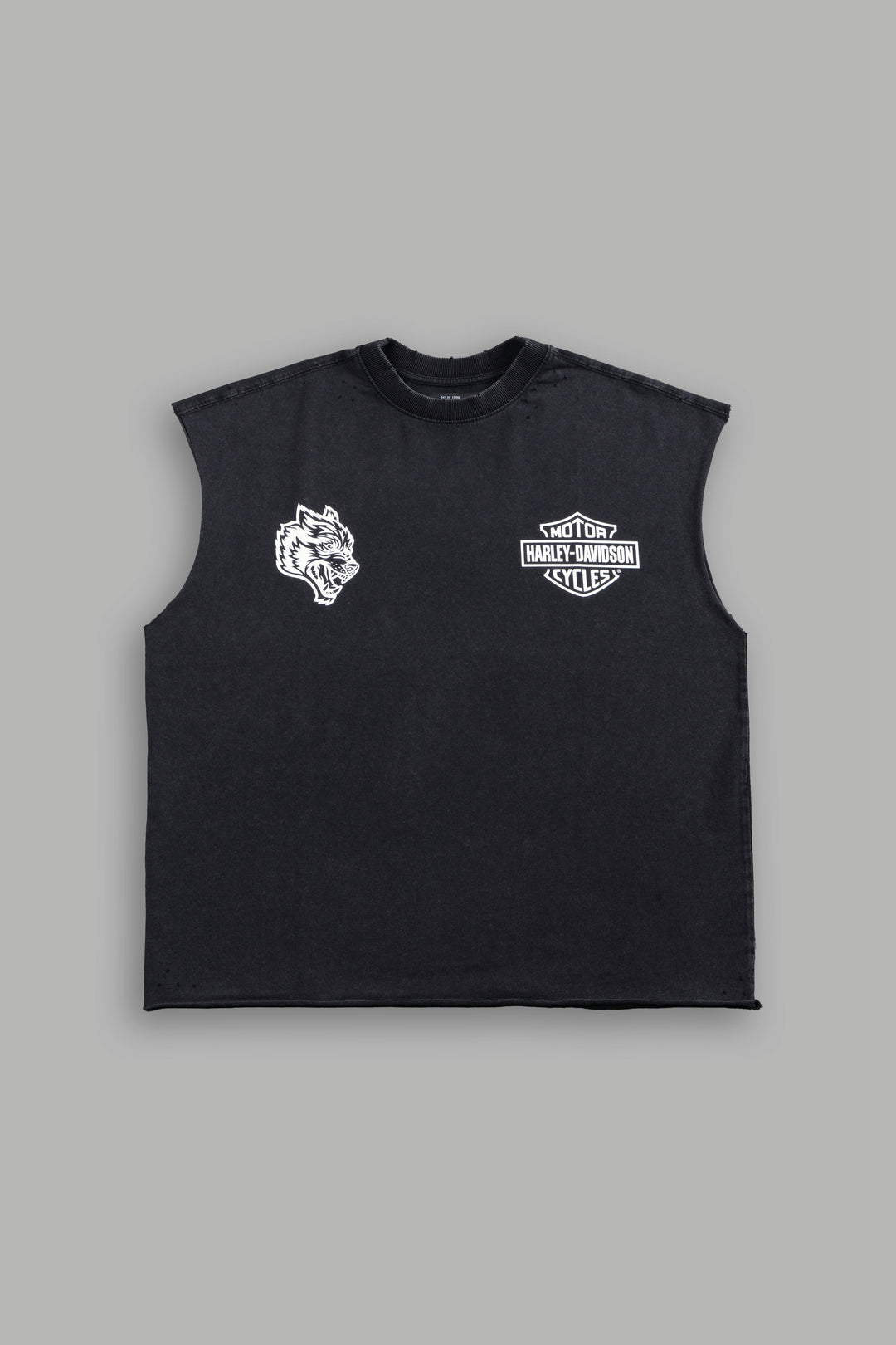 Live Free H-D Distressed Grunge Mid Length Raw Hem Muscle Tee in Washed Black