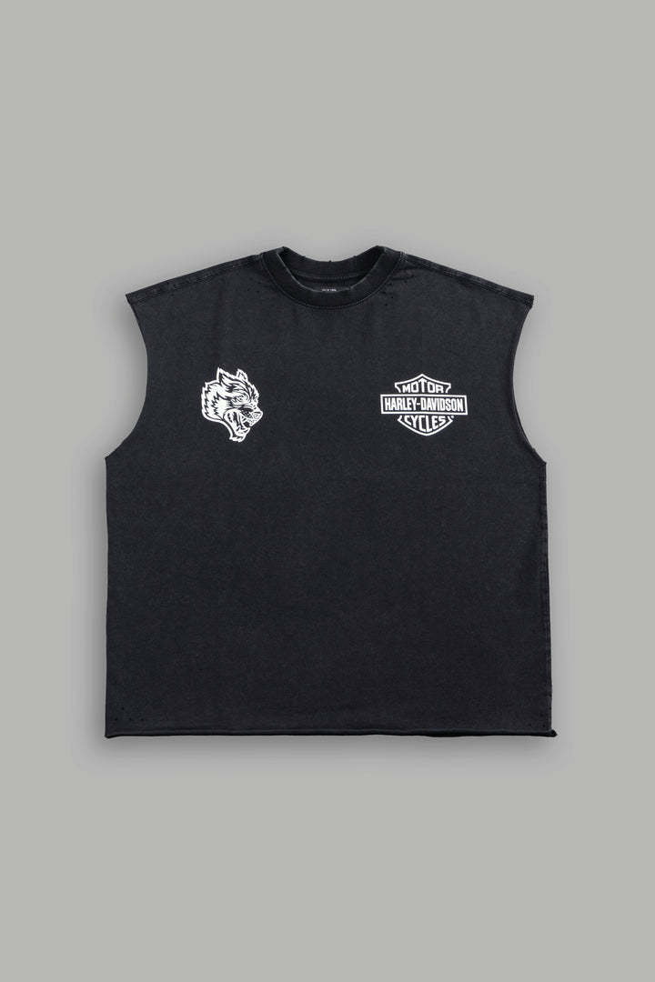 Live Free H-D Distressed Grunge Mid Length Raw Hem Muscle Tee in Washed Black