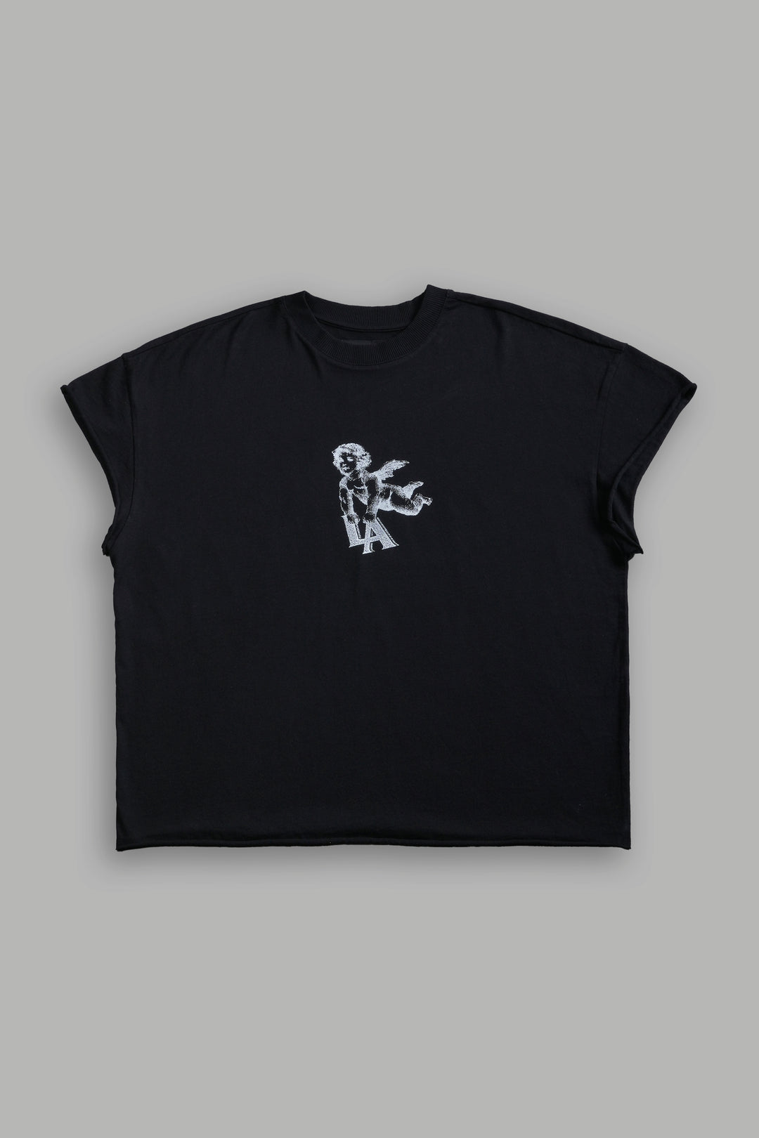 La Cherub Grunge Mid Length Raw Hem Cap Sleeve Tee in Black