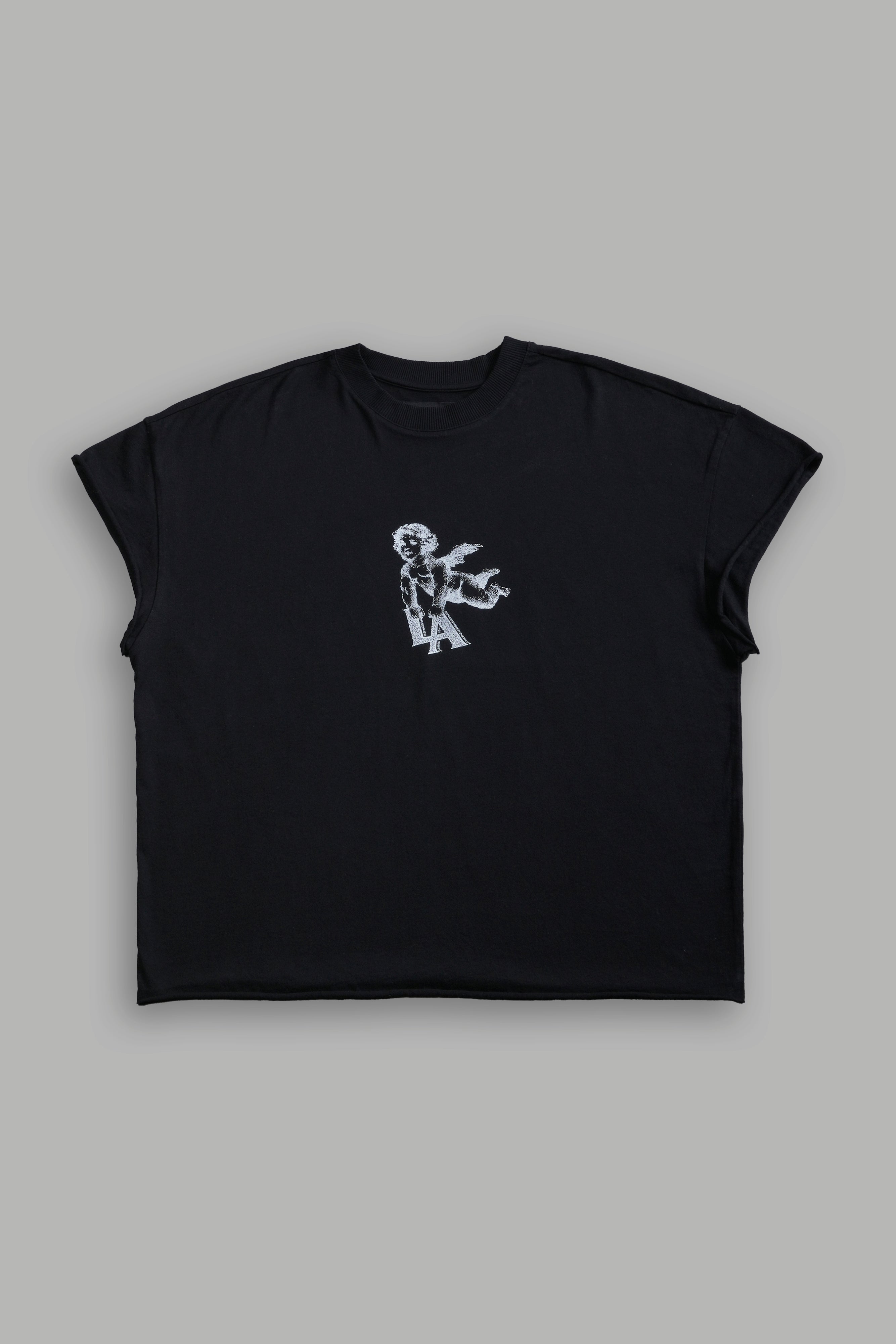 La Cherub Grunge Mid Length Raw Hem Cap Sleeve Tee in Black