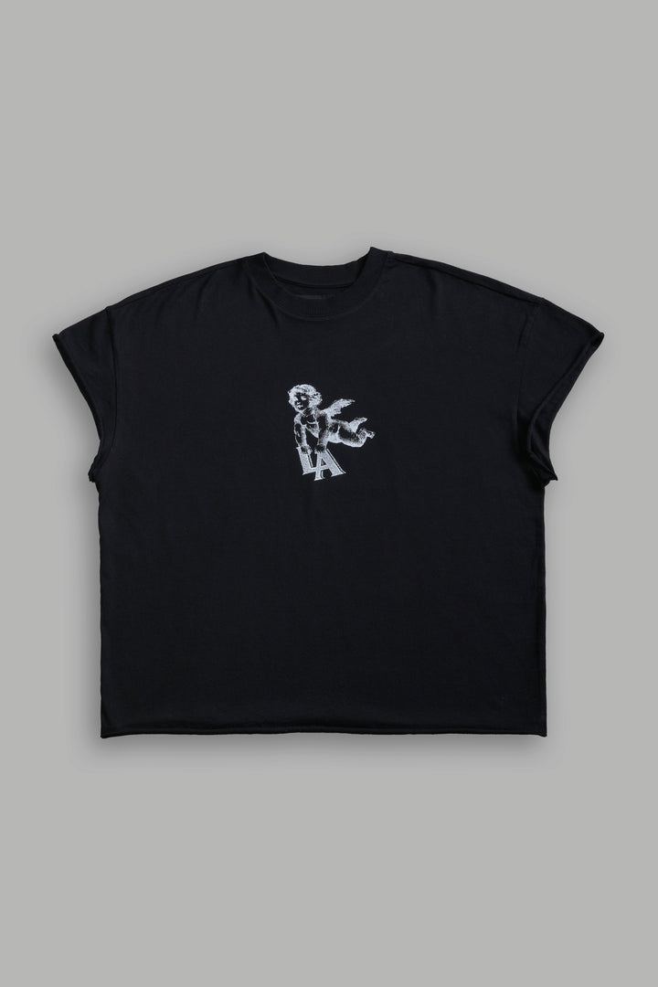 La Cherub Grunge Mid Length Raw Hem Cap Sleeve Tee in Black