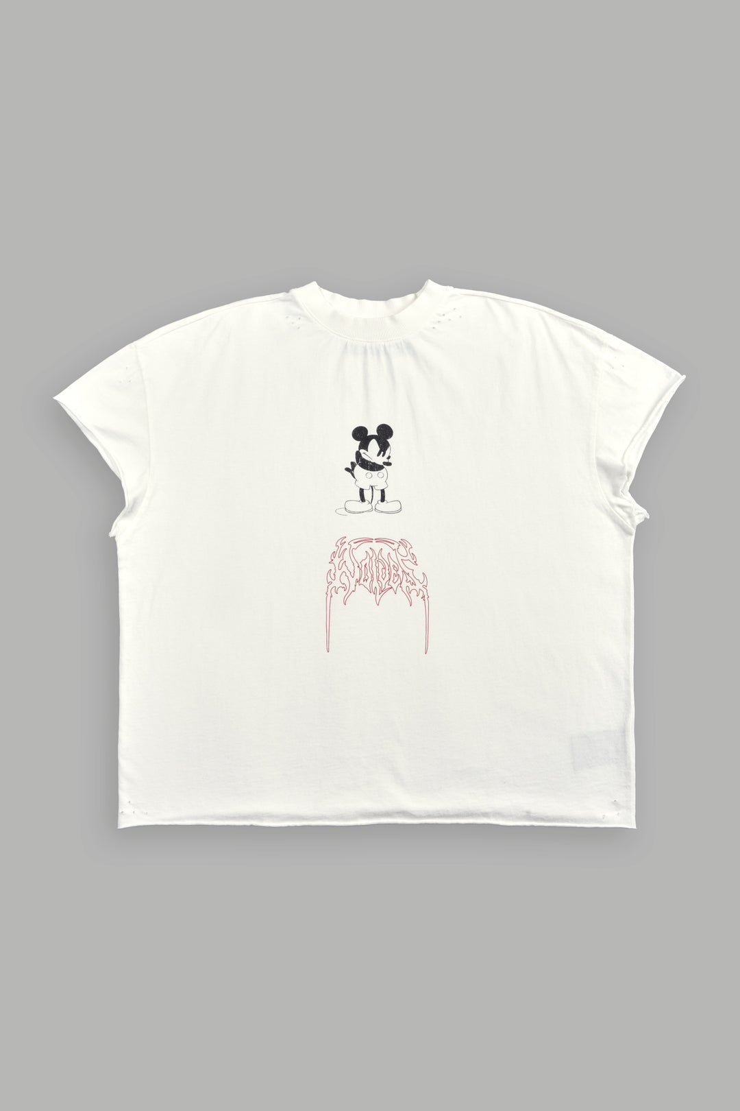 Mickey Mouse Onlyus Distressed Grunge Mid Length Raw Hem Cap Sleeve Tee in Cream