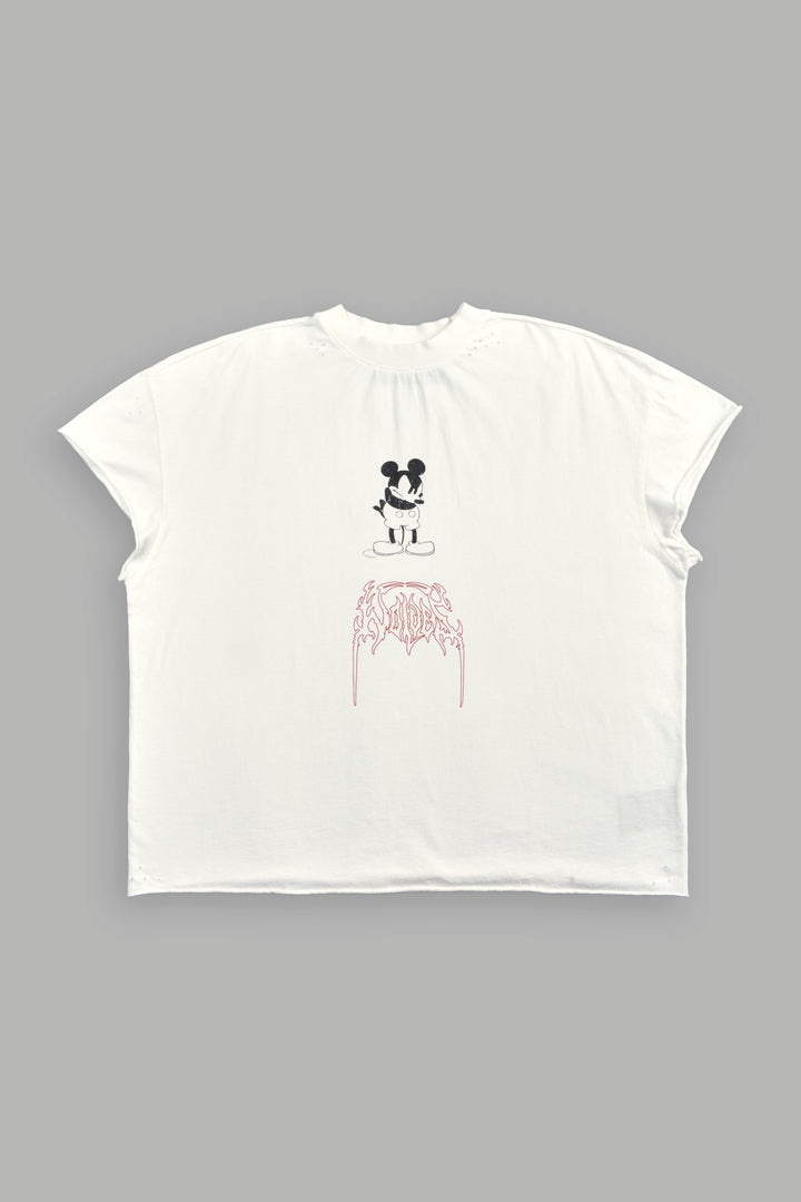 Mickey Mouse Onlyus Distressed Grunge Mid Length Raw Hem Cap Sleeve Tee in Cream