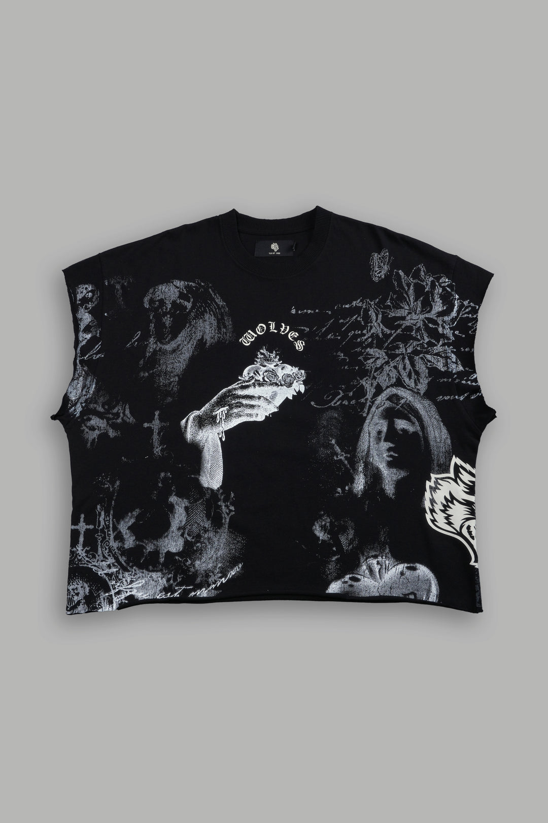 Heart of Thorns Distressed Grunge Cut-Off Mid-Length Raw Hem Tee in Black