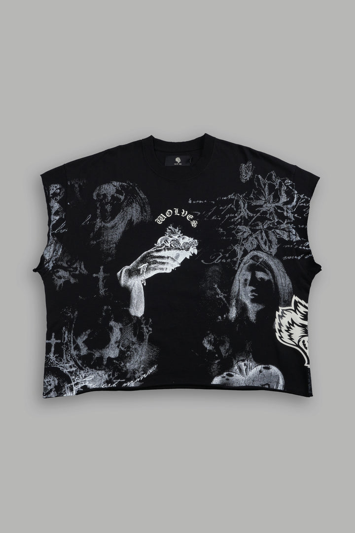 Heart of Thorns Distressed Grunge Cut-Off Mid-Length Raw Hem Tee in Black