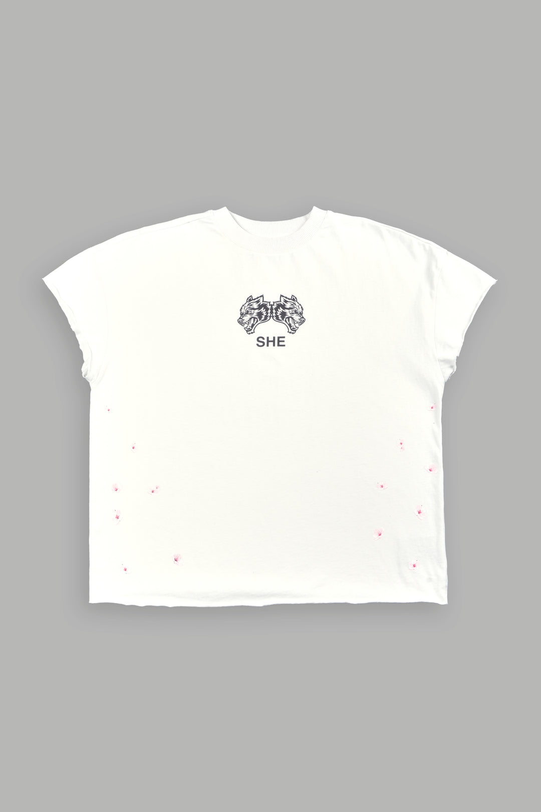 Sakura Hesh Grunge Mid Length Raw Hem Cap Sleeve Tee In Stone