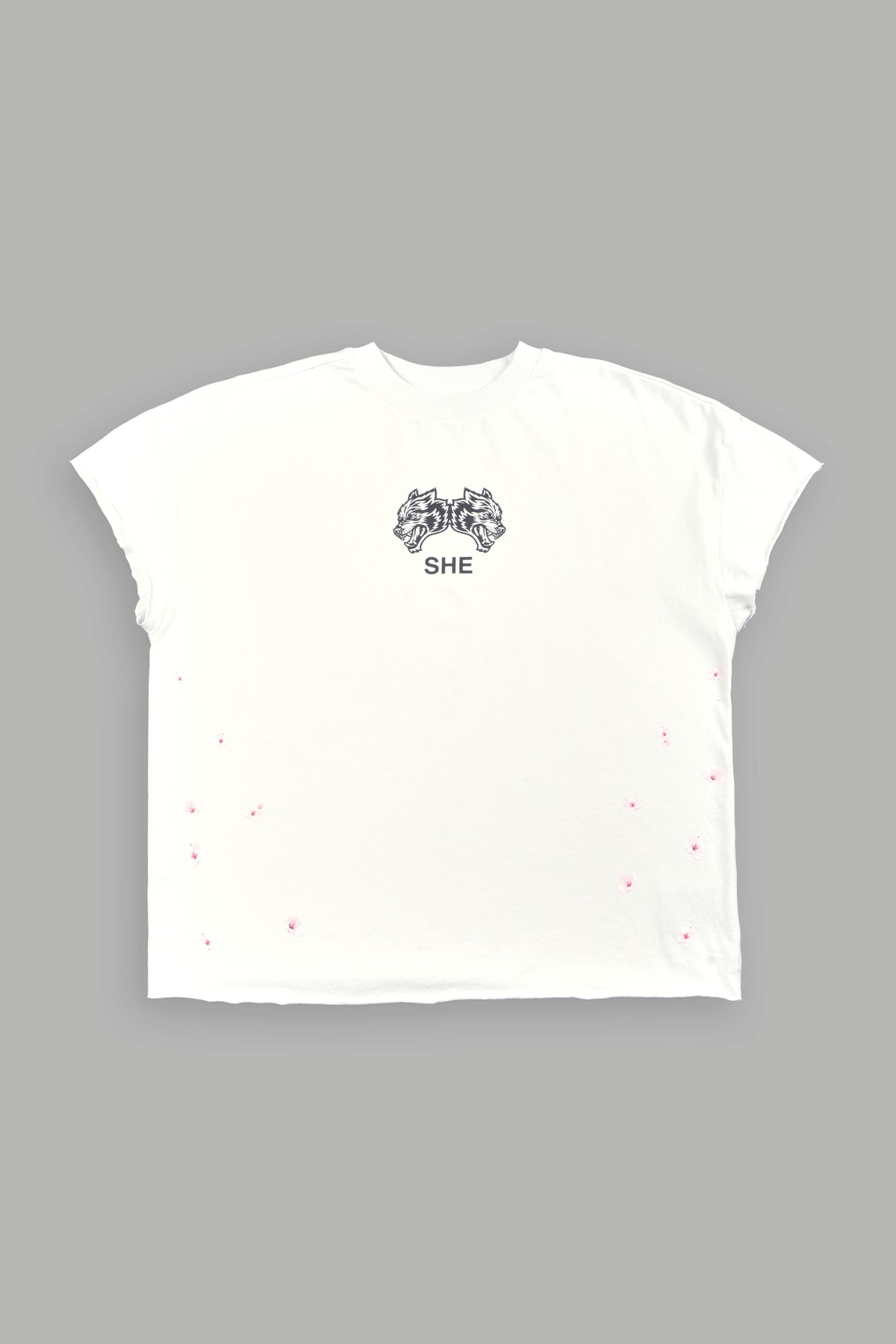 Sakura Hesh Grunge Mid Length Raw Hem Cap Sleeve Tee In Stone
