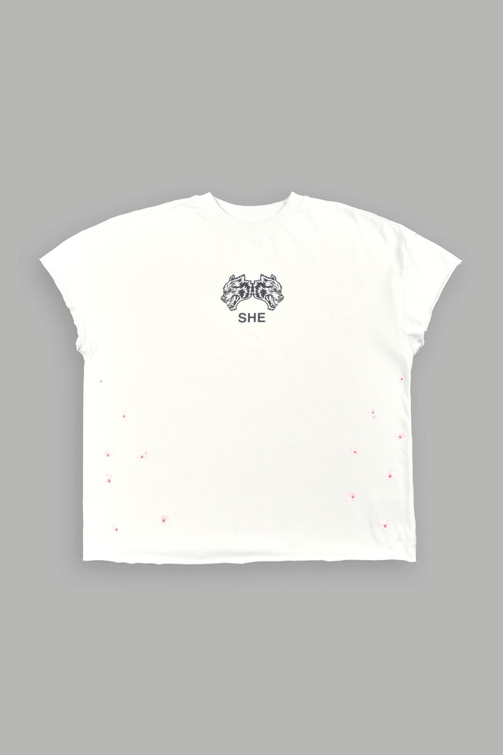 Sakura Hesh Grunge Mid Length Raw Hem Cap Sleeve Tee In Stone