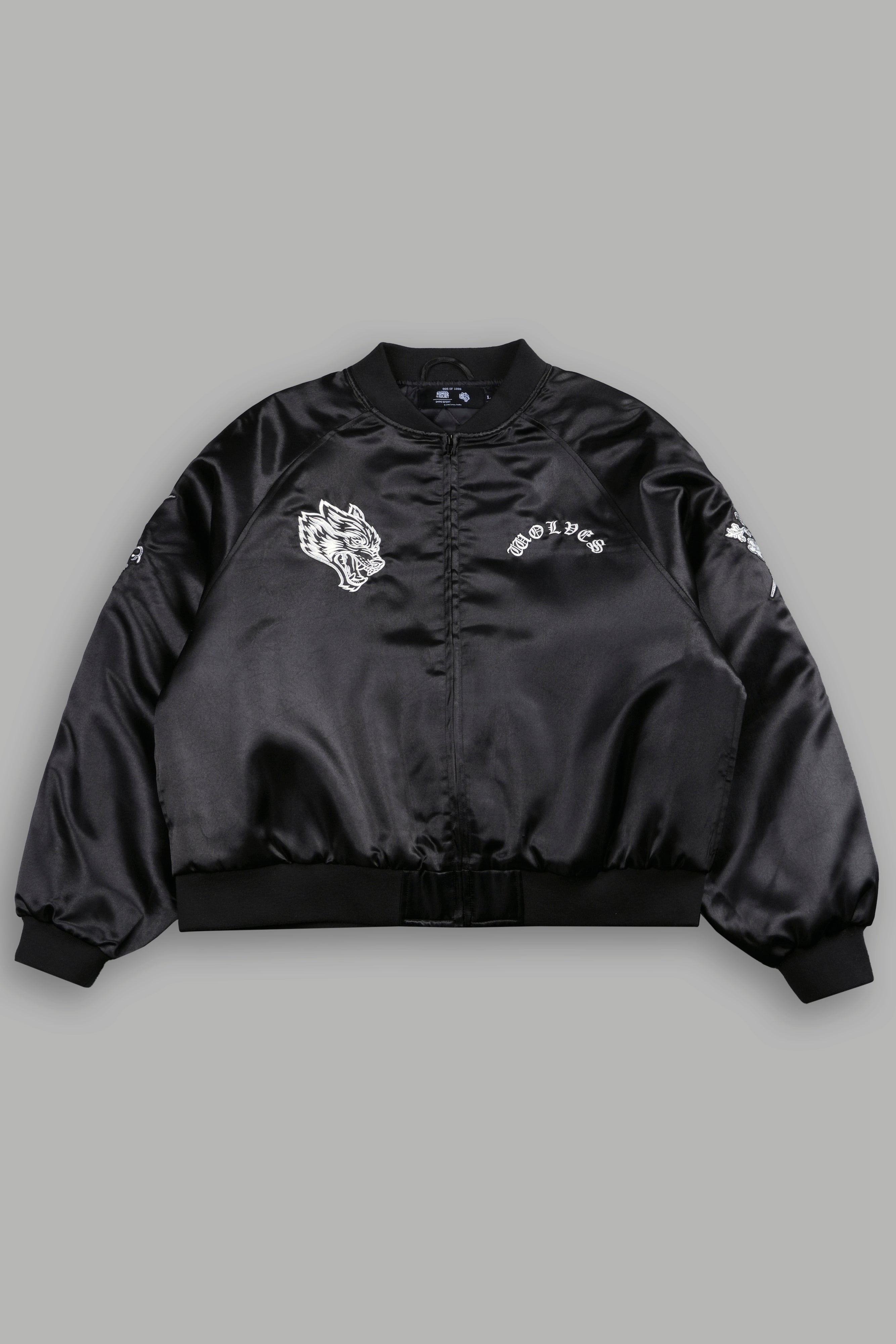 Last Love Unisex Cropped Satin Bomber Jacket in Black