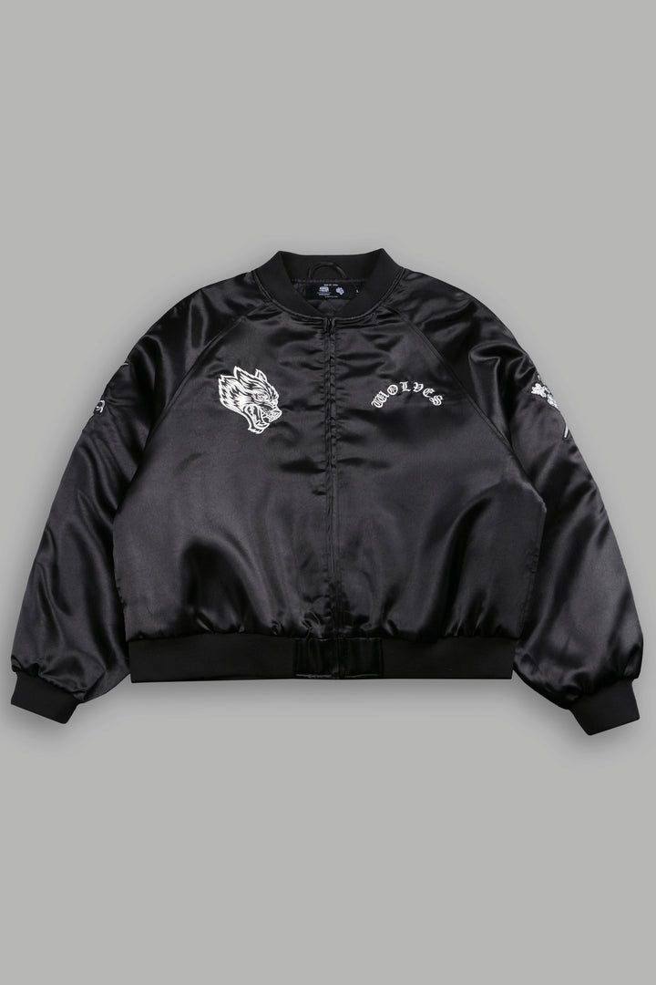Last Love Unisex Cropped Satin Bomber Jacket in Black