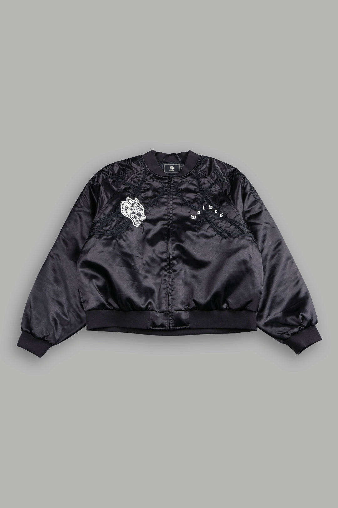 Thorns Frvr Cropped Satin Bomber Jacket In Black
