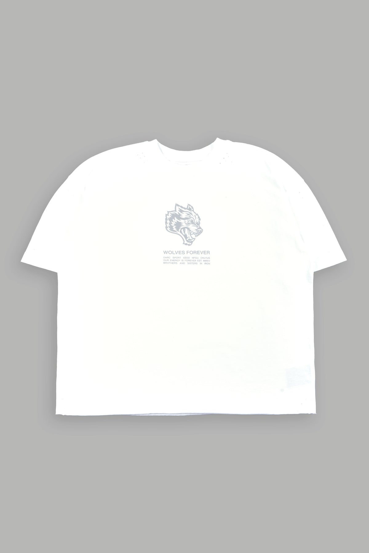 Wolves Have Your Back Distressed Grunge Mid Length Raw Hem Tee In White
