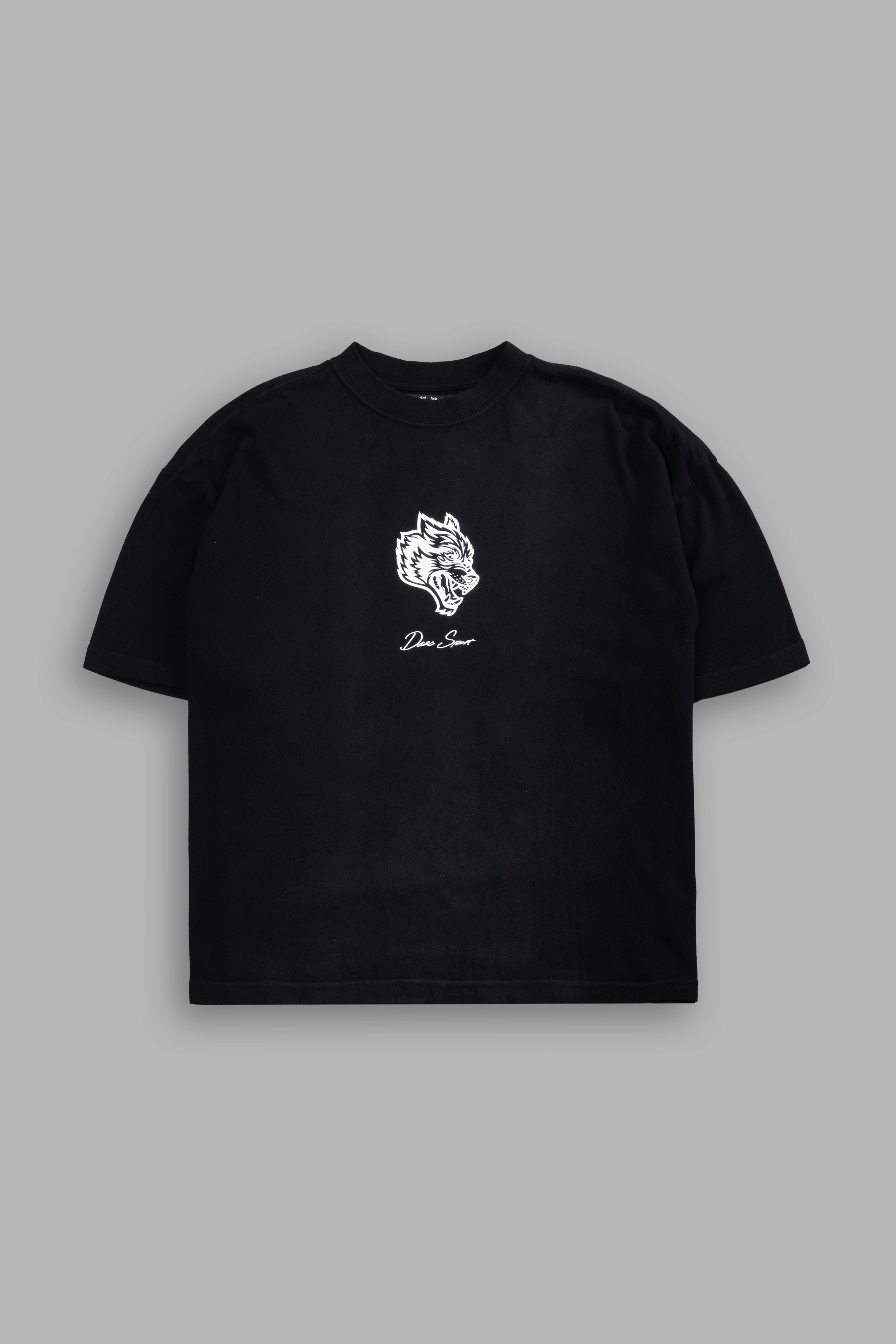 Our Wolf Forever Box Cut "Pump Cover" Tee in Black Spine Sun Fade