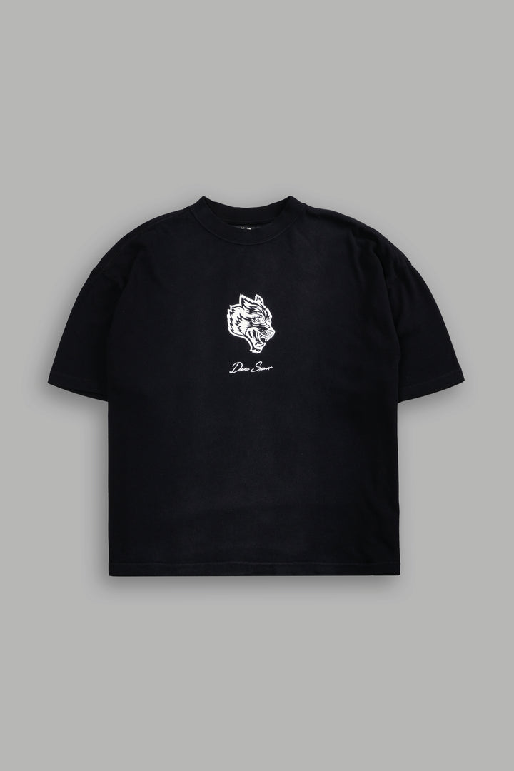 Our Wolf Forever Box Cut "Pump Cover" Tee in Black Spine Sun Fade