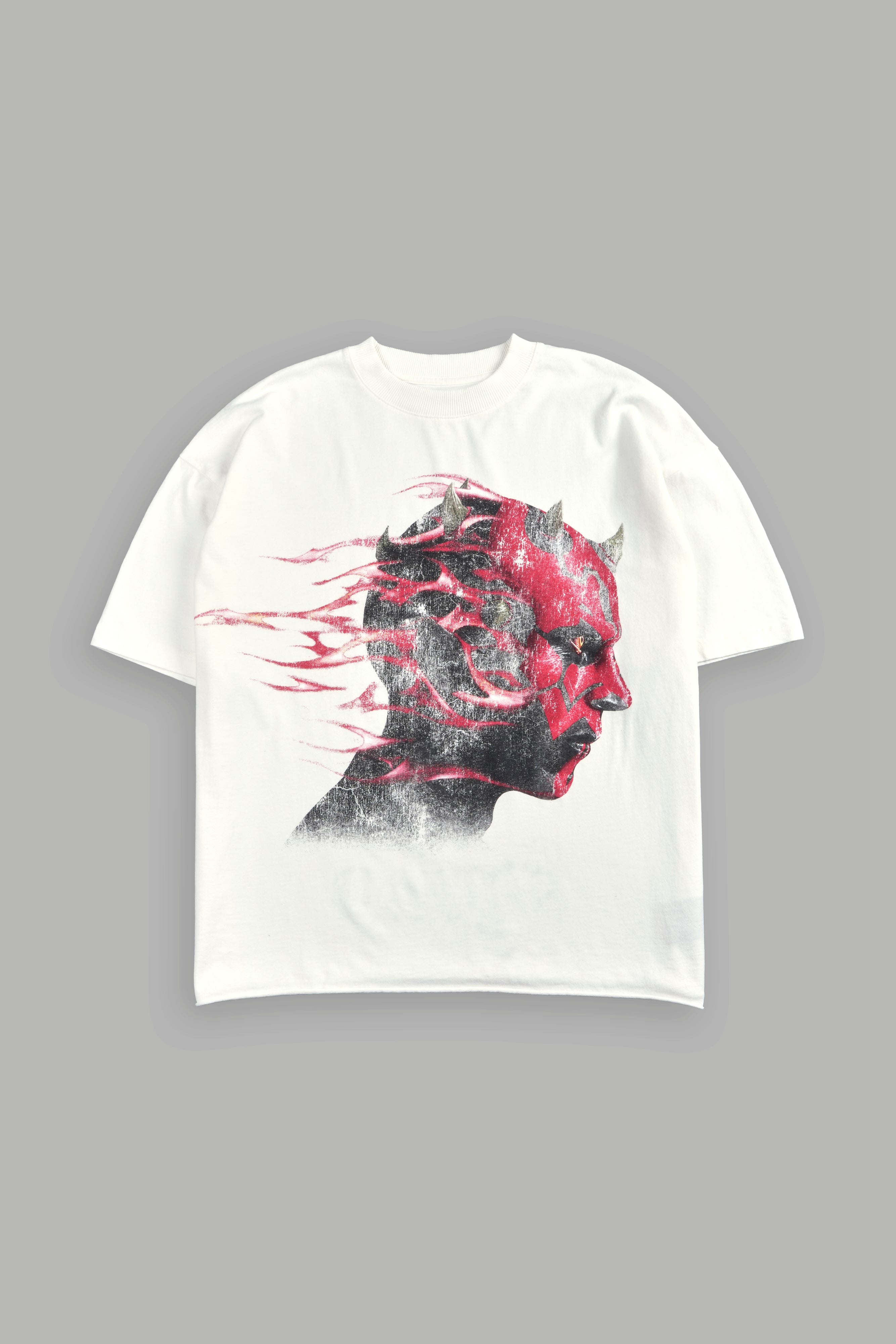 Sith Inferno Grunge Mid Length Raw Hem Tee in Cream