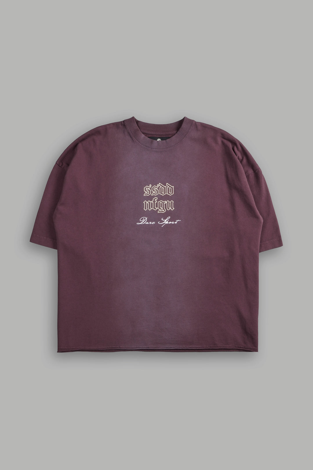 Sacred Fire Grunge Raw Hem "Box Cut" Tee in Darc Purple Spine Sun Fade