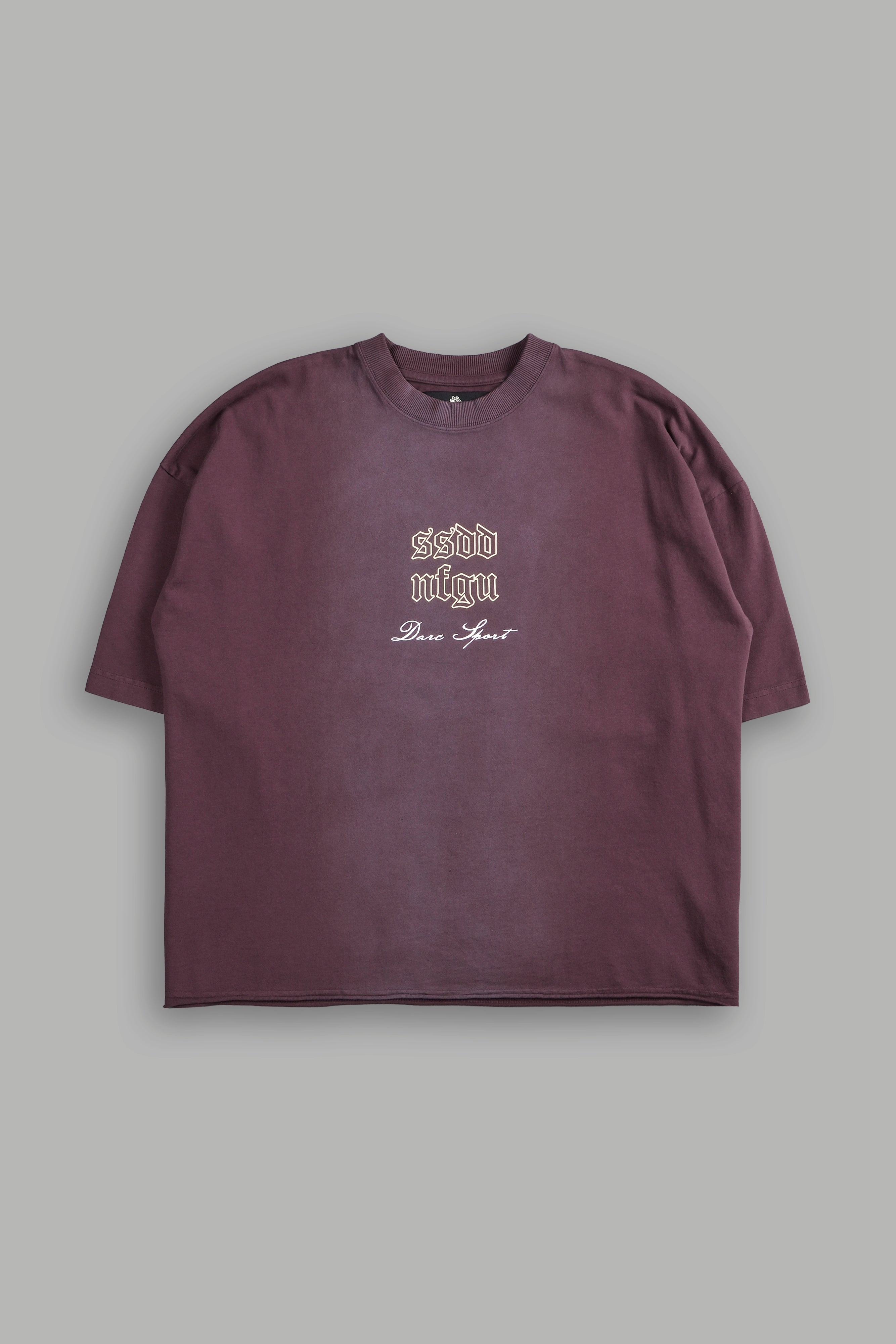 Sacred Fire Grunge Raw Hem "Box Cut" Tee in Darc Purple Spine Sun Fade