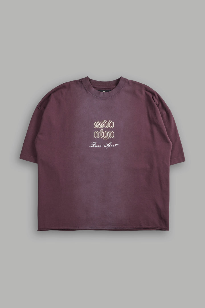 Sacred Fire Grunge Raw Hem "Box Cut" Tee in Darc Purple Spine Sun Fade
