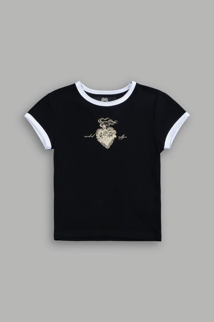 Sacred Flame Ringer "Baby" Tee in Black/White