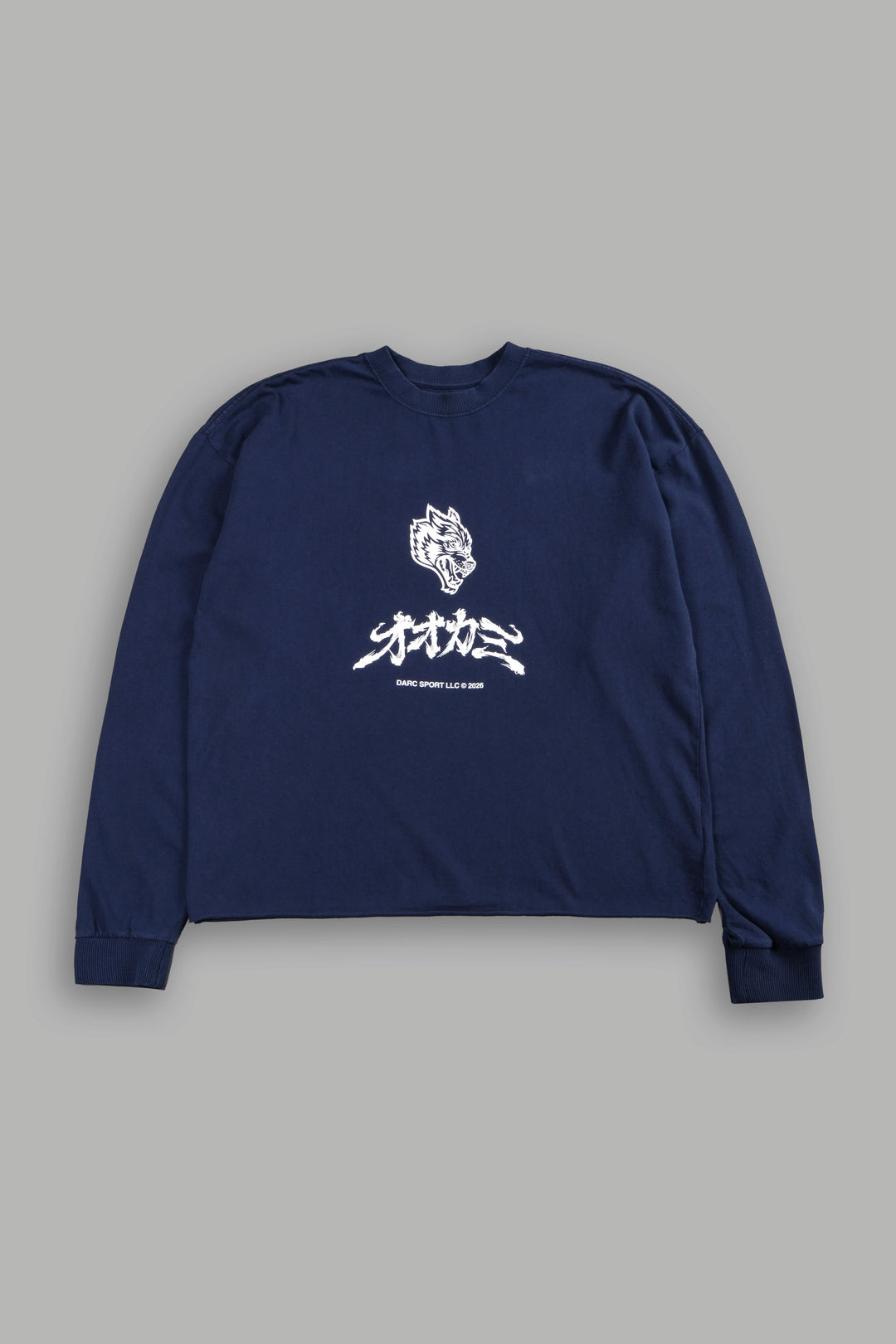 Okami Bushido Grunge Mid Length Raw Hem Ls Tee in Navy