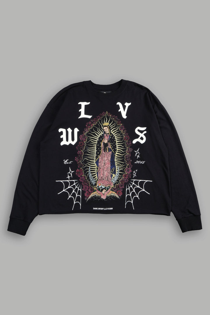 Dama De Las Rosas Grunge Mid Length Raw Hem Ls Tee In Black