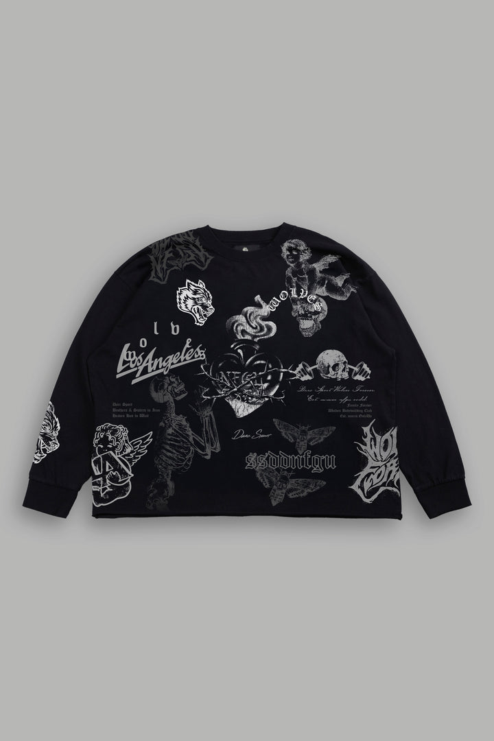 Homage To La Grunge Mid Length Raw Hem Ls Tee in Black