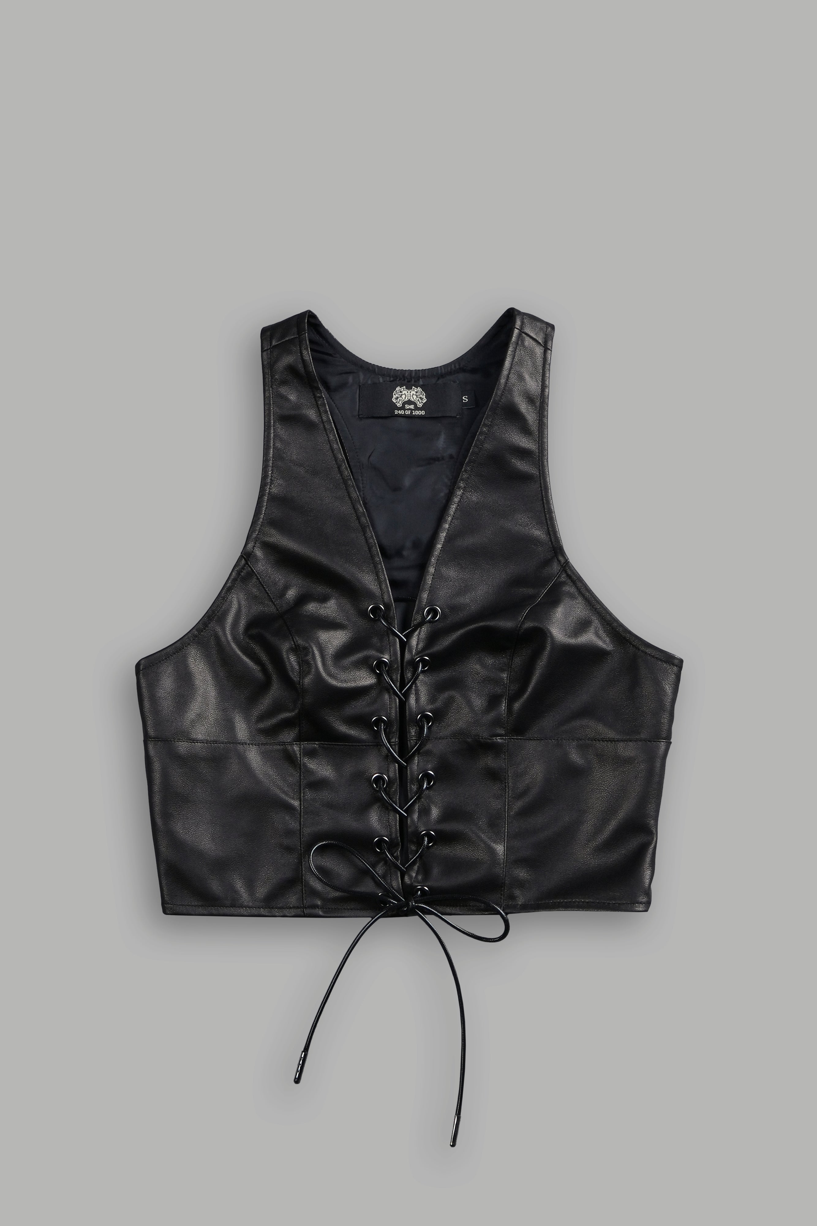 Wolf Head Leather Lace Up Top in Black