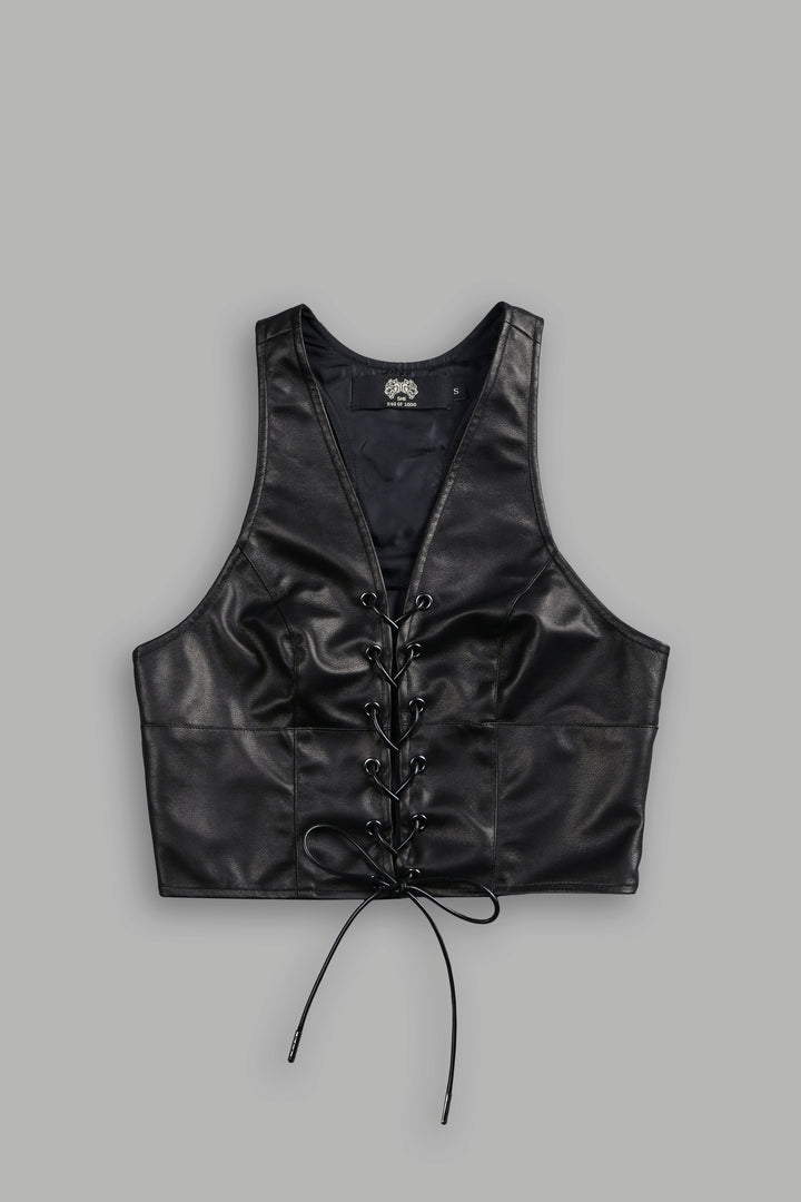 Wolf Head Leather Lace Up Top in Black