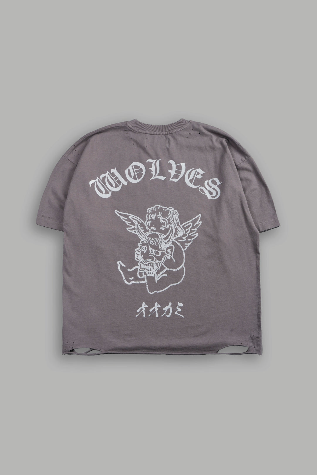Wolves Oni Cherub Distressed Grunge Unisex Tee in Slate Gray