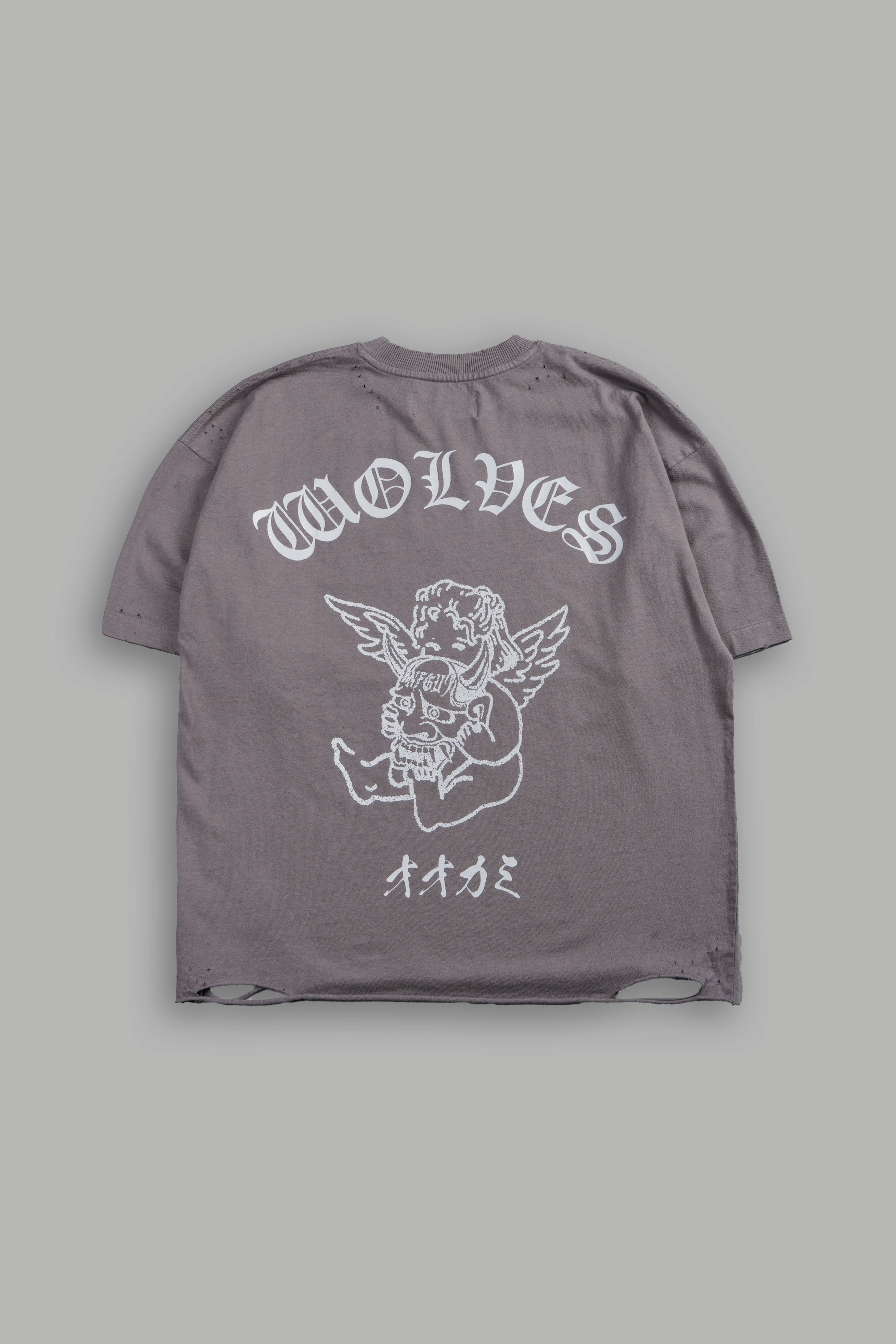 Wolves Oni Cherub Distressed Grunge Unisex Tee in Slate Gray