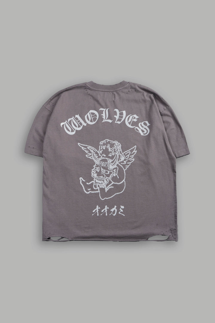 Wolves Oni Cherub Distressed Grunge Unisex Tee in Slate Gray