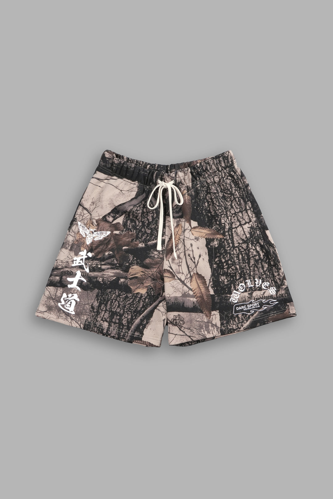 Okami Wolf Oversized Post Lounge Sweat Shorts in Clay Woodland Camo