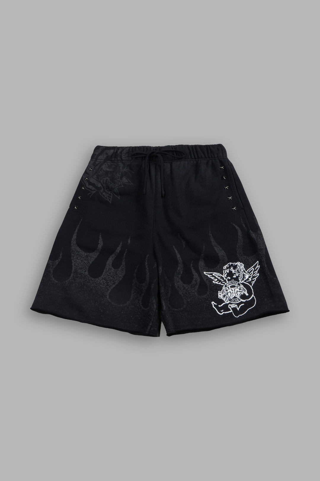 Wolves Club Cherub Inferno Grunge Oversized Raw Hem Post Lounge Sweat Shorts in Black Drift Wash