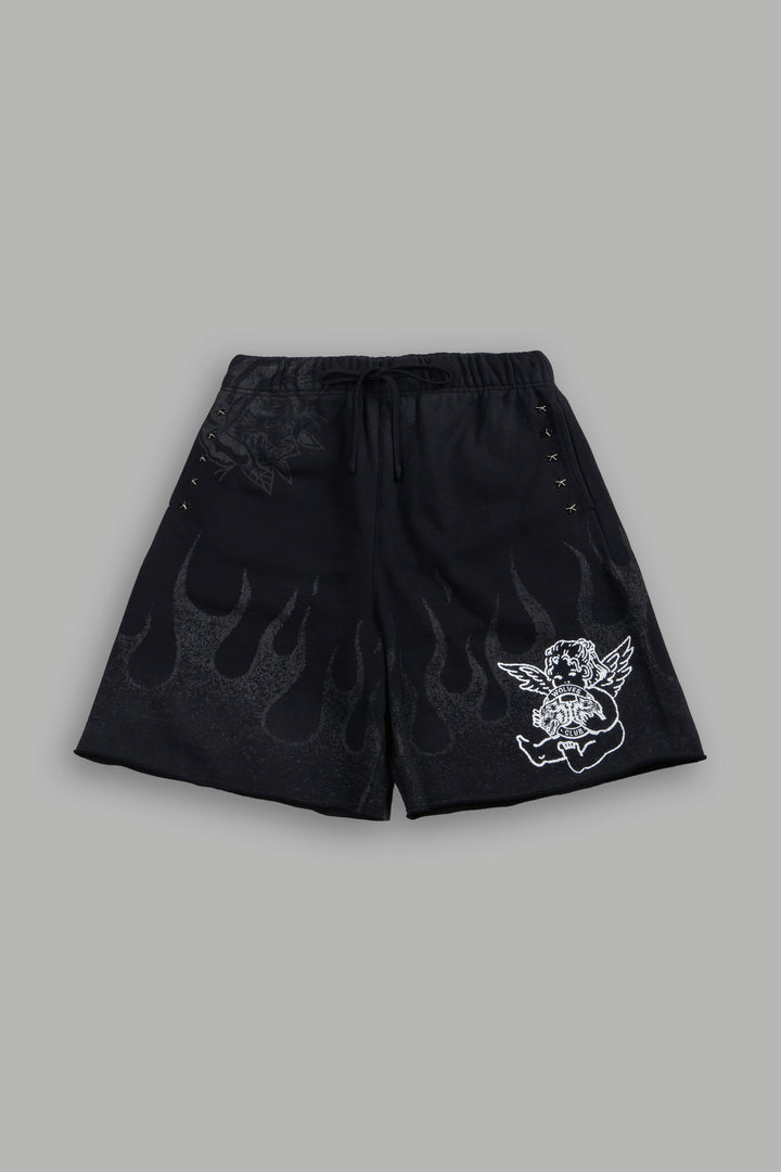 Wolves Club Cherub Inferno Grunge Oversized Raw Hem Post Lounge Sweat Shorts in Black Drift Wash