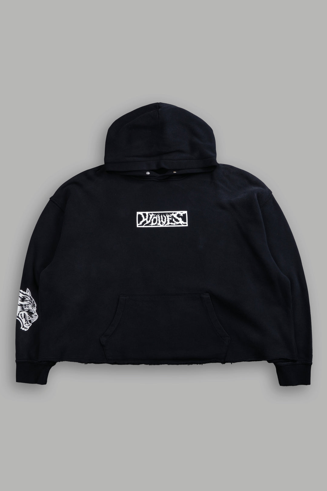 Midnight Wolves Raw Hem "Box Cut" Pierce Hoodie in Black Drift Wash
