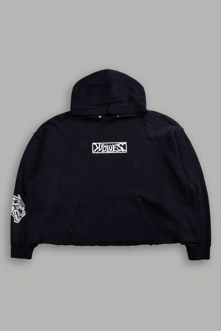 Midnight Wolves Raw Hem "Box Cut" Pierce Hoodie in Black Drift Wash