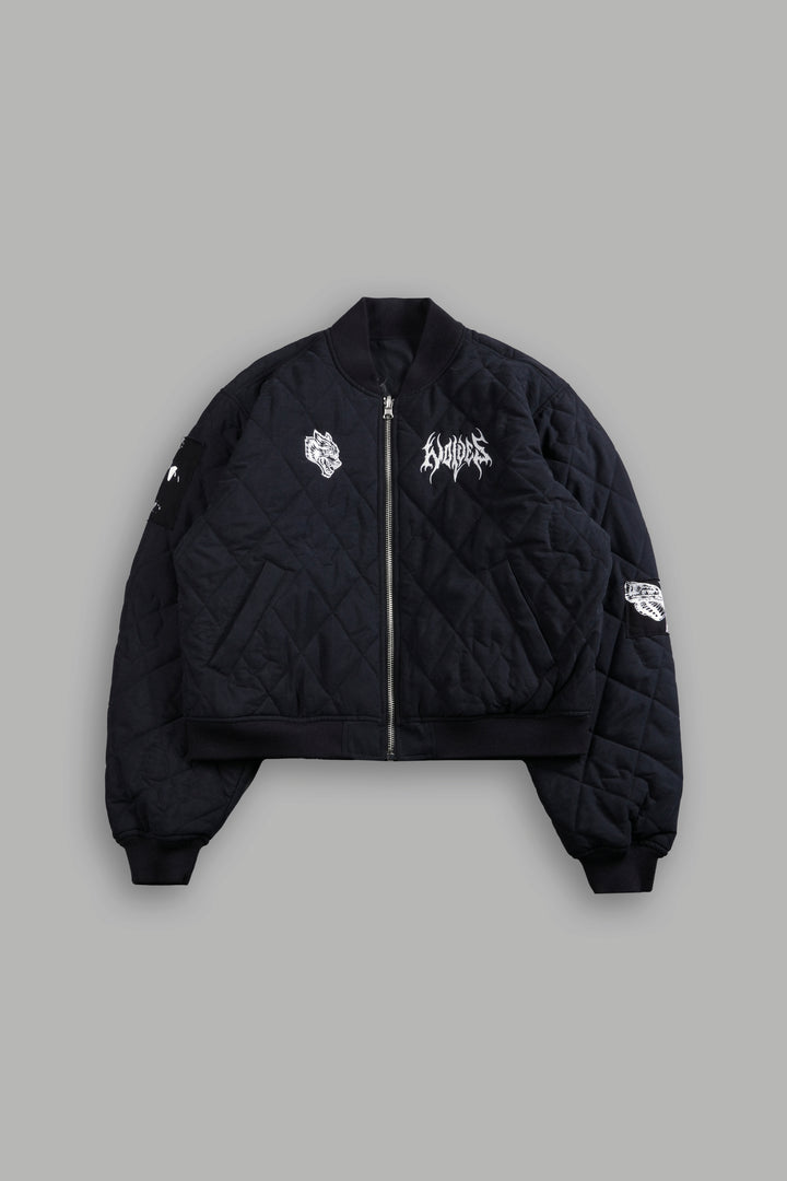 Patched Wolf Hesh Cloud Quilted Reversible Bomber Jacket in Black
