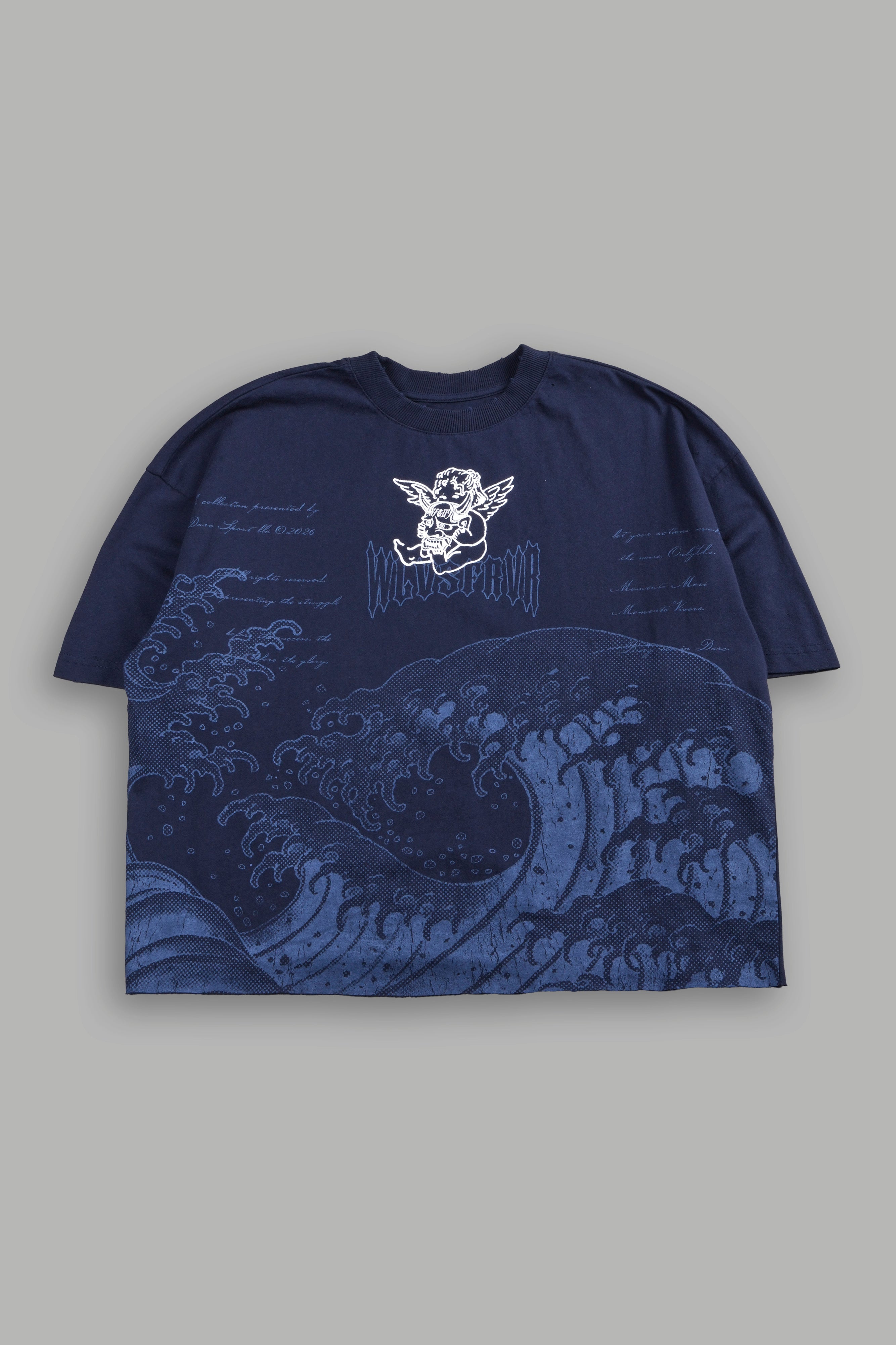 The Great Wave Distressed Grunge Box Cut Tee V2 in Navy