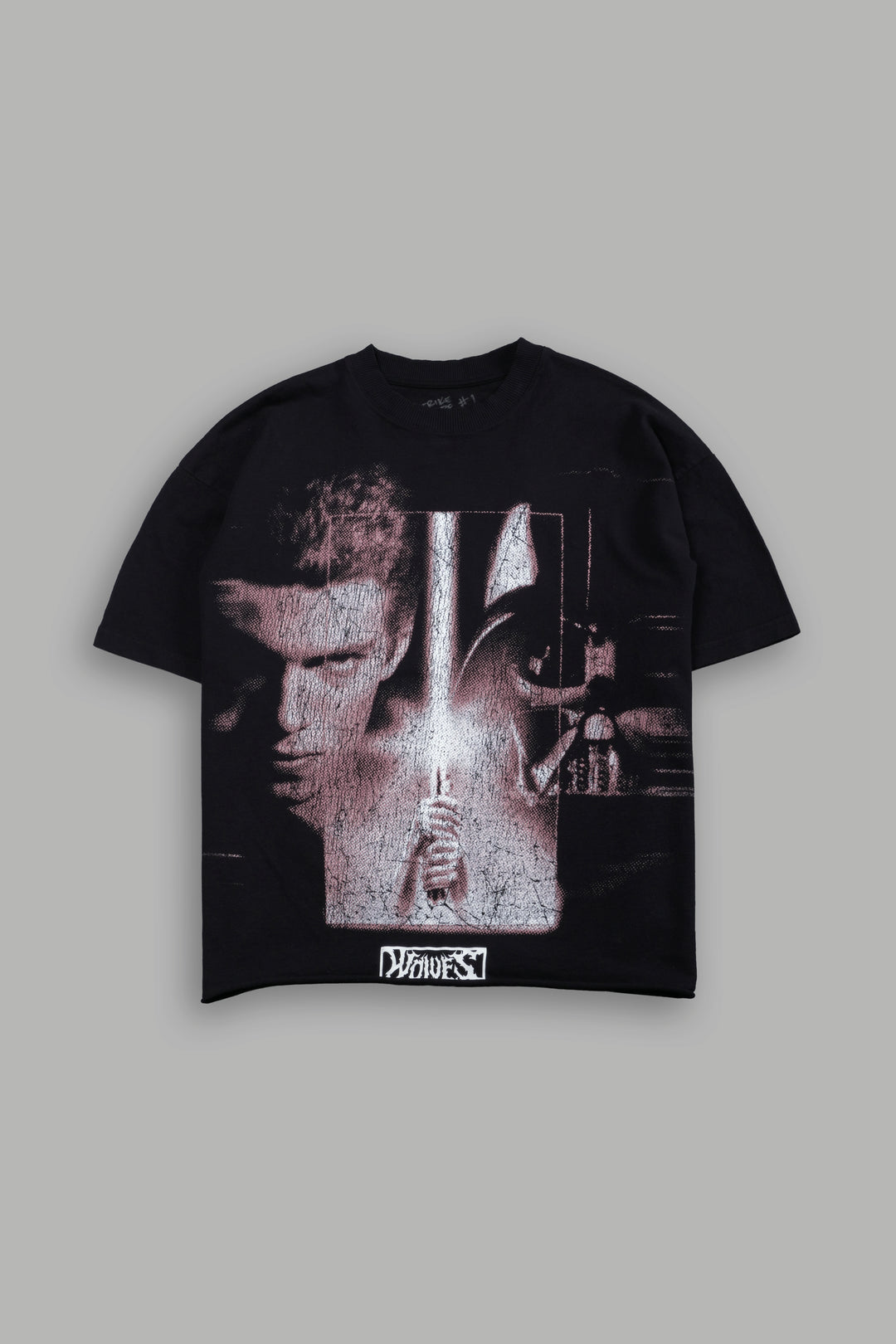 Awakened Power Grunge Mid Length Raw Hem Tee in Black
