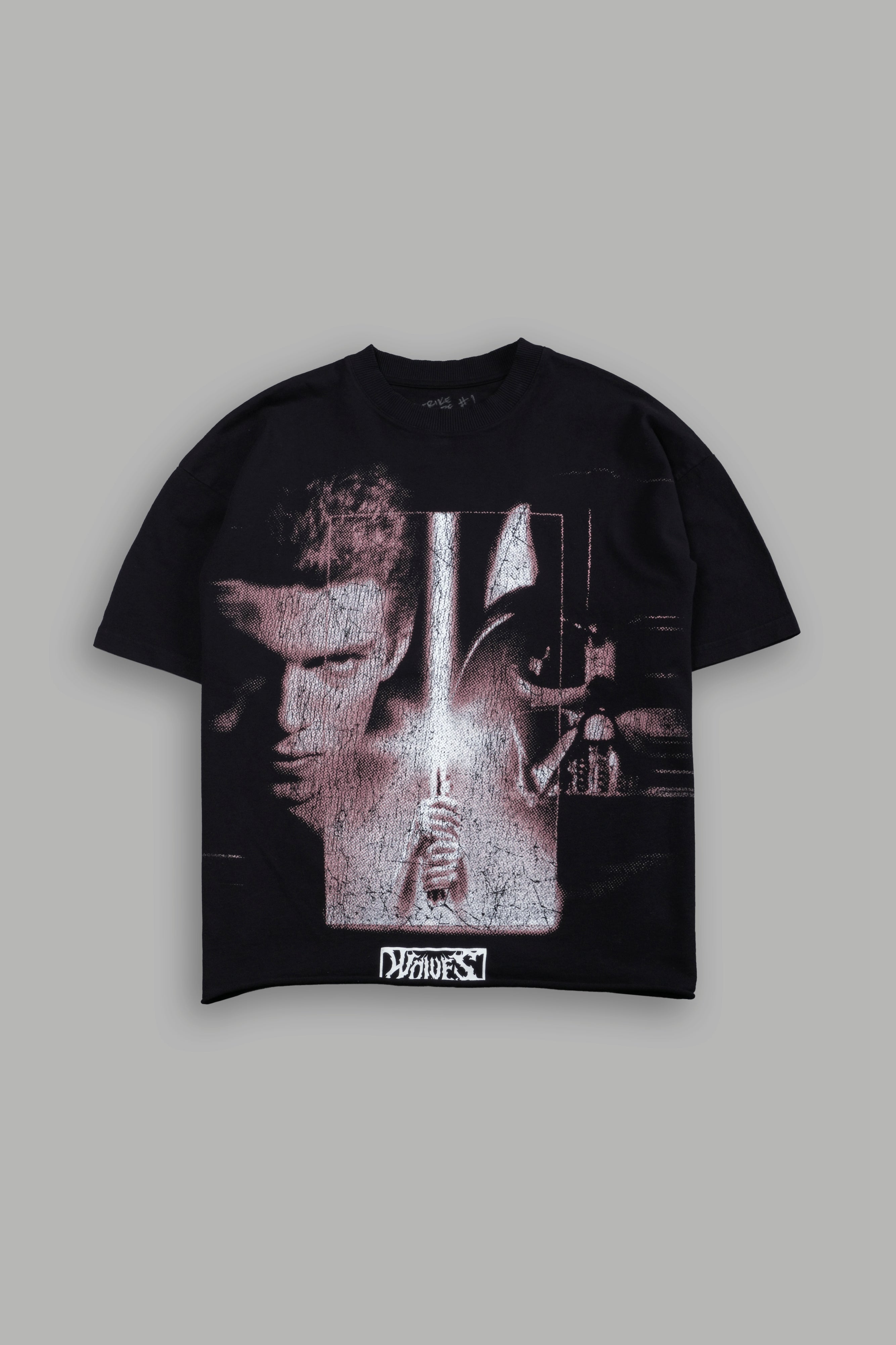 Awakened Power Grunge Mid Length Raw Hem Tee in Black